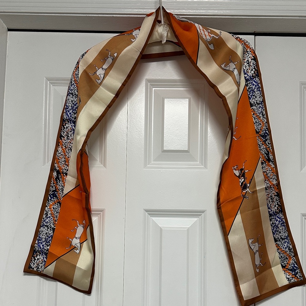 Fashion Inspired Horse, Orange, Navy and Cream Patterned Satin Scarf